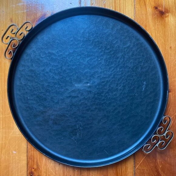 Vintage Enameled Metal Round Tray MOIRE GLAZE KYES MCM U.S.A. Pasadena CA grey - Picture 3 of 7